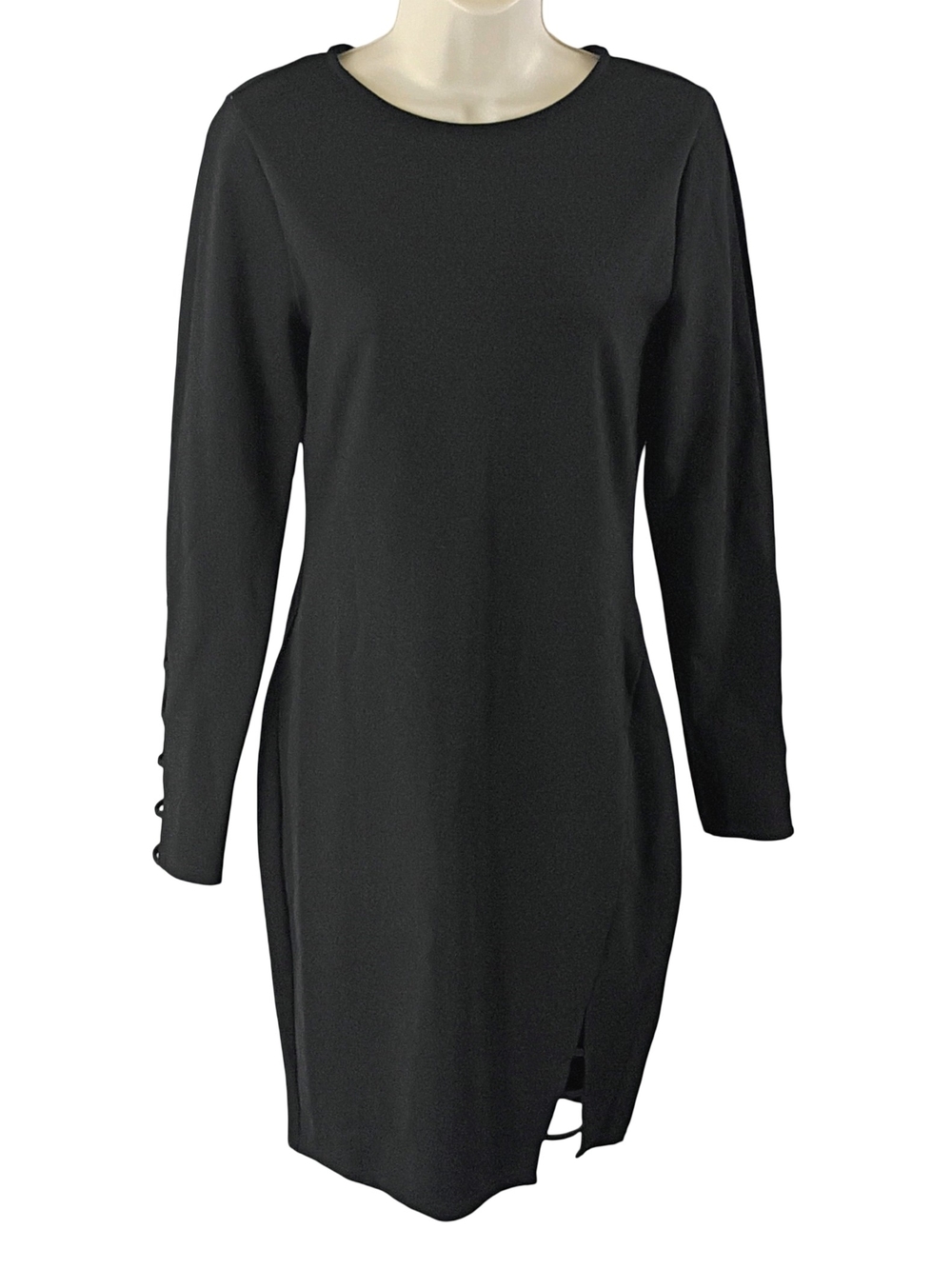 Lulu's Black Long-Sleeve Shift Dress with Ladder Strapped Side Slit